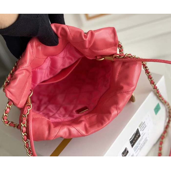 Chanel Women CC 22 Mini Handbag Shiny Calfskin Gold-Tone Metal Coral
