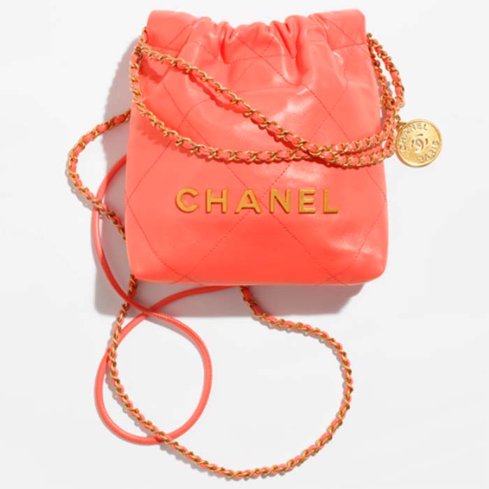 Chanel Women CC 22 Mini Handbag Shiny Calfskin Gold-Tone Metal Coral
