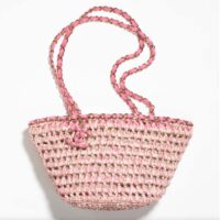 Chanel Women CC Small Shopping Bag Crochet Mixed Fibers Calfskin Beige Pink (15)