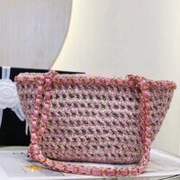 Chanel Women CC Small Shopping Bag Crochet Mixed Fibers Calfskin Beige Pink (15)