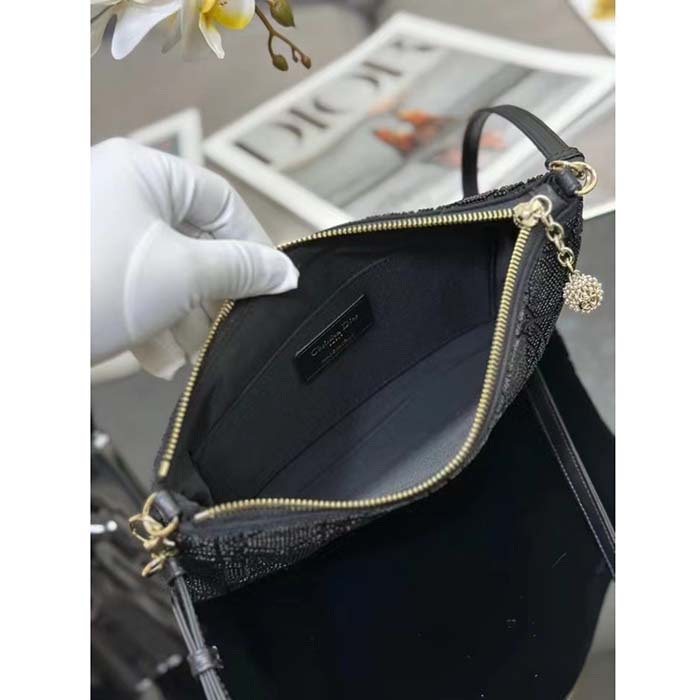 Dior Women CD Dior Dream Bag Black Cannage Cotton Bead Embroidery