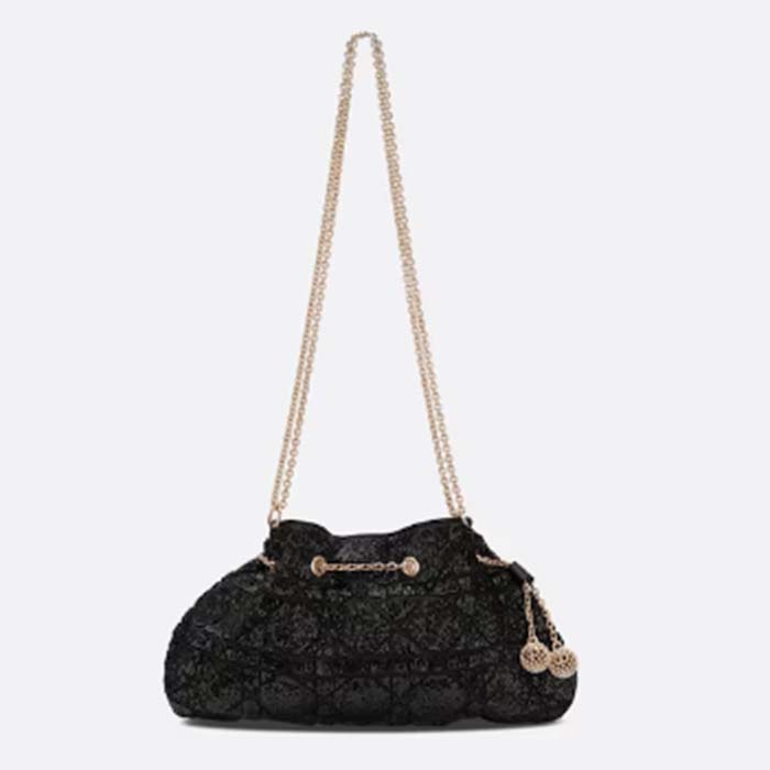 Dior Women CD Dream Bucket Bag Black Cannage Cotton Bead Embroidery