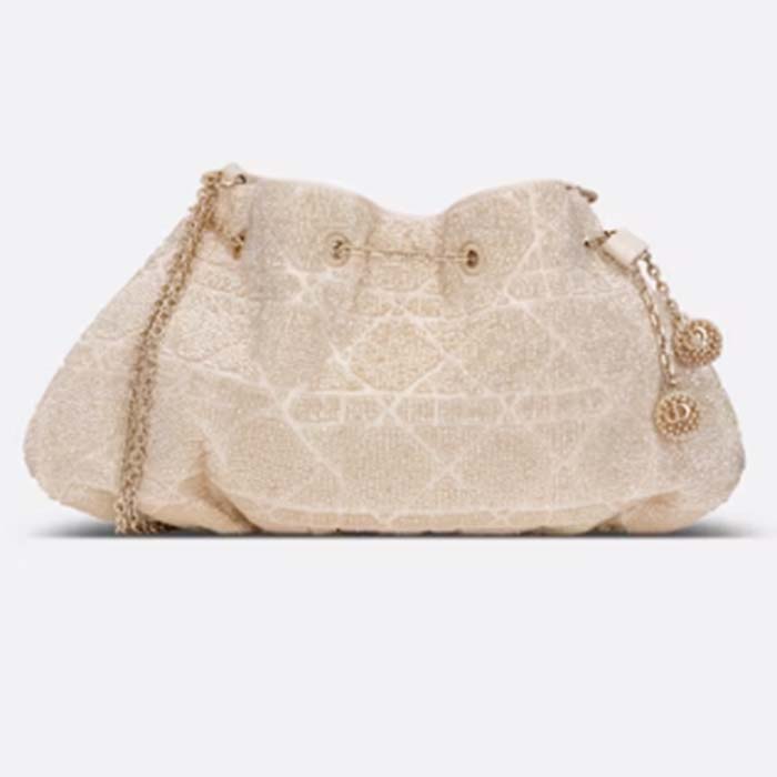 Dior Women CD Dream Bucket Bag Dusty Ivory Cannage Cotton Bead Embroidery