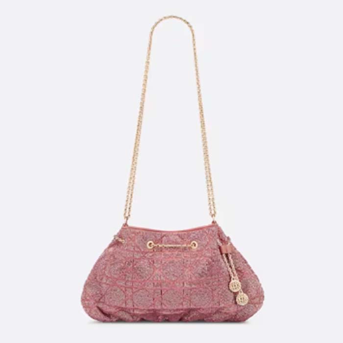 Dior Women CD Dream Bucket Bag Ethereal Pink Cannage Cotton Bead Embroidery