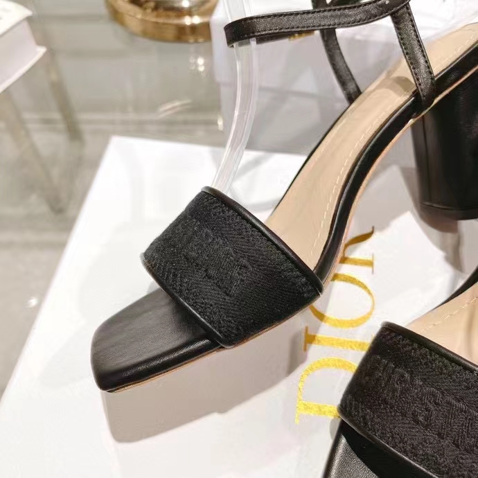 Dior Women CD Dway Heeled Sandal Black Embroidered Satin Lambskin 10 CM Heel