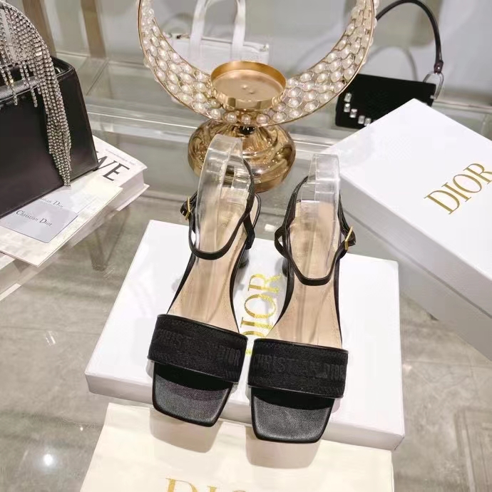 Dior Women CD Dway Heeled Sandal Black Embroidered Satin Lambskin 10 CM Heel