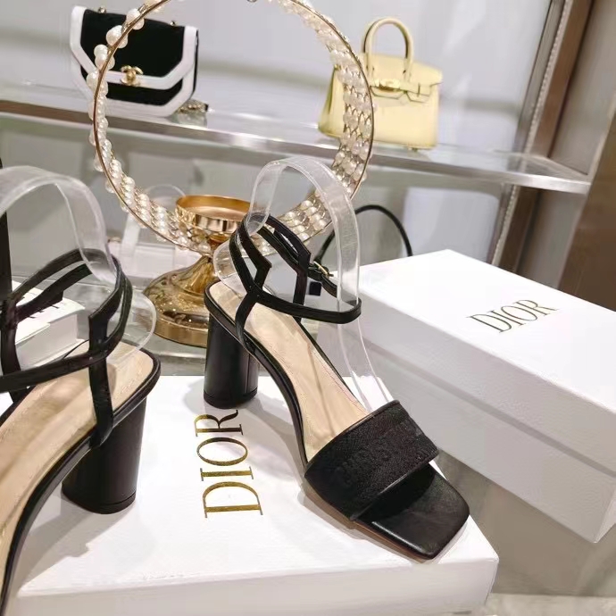 Dior Women CD Dway Heeled Sandal Black Embroidered Satin Lambskin 10 CM Heel