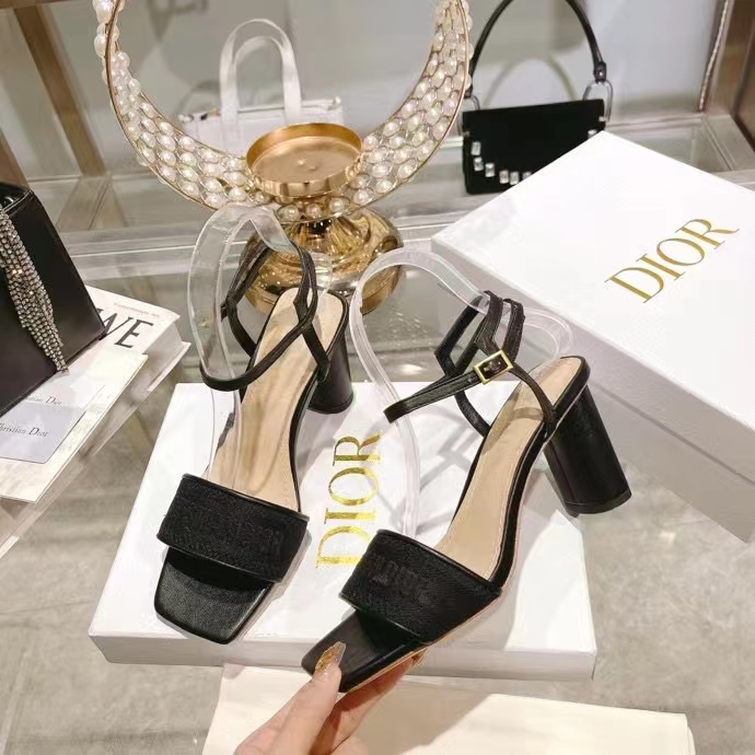 Dior Women CD Dway Heeled Sandal Black Embroidered Satin Lambskin 10 CM Heel