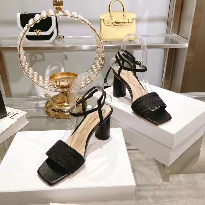 Dior Women CD Dway Heeled Sandal Black Embroidered Satin Lambskin 10 CM Heel