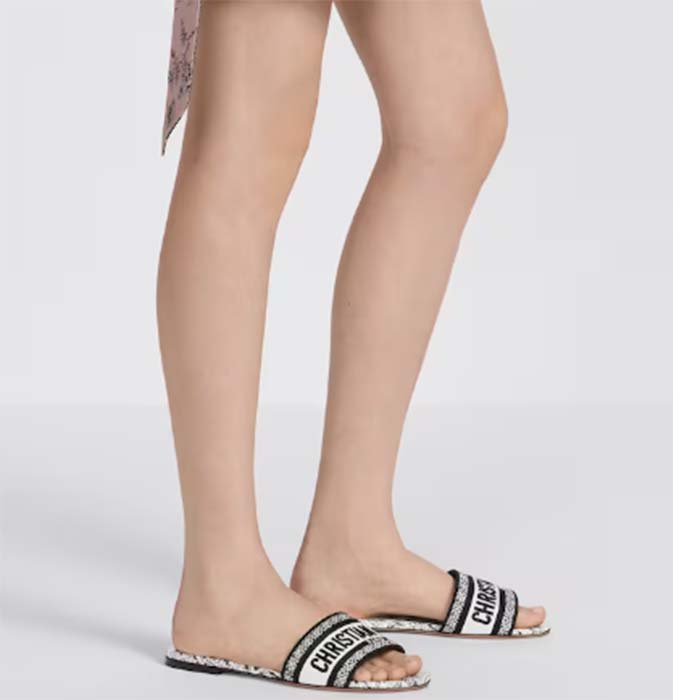 Dior Women CD Dway Slide White Black Embroidered Cotton Plan De Paris