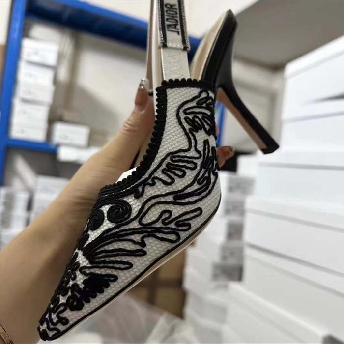 Dior Women CD J’Adior Slingback Pump Black White Ornamental Cotton Cornely Embroidery