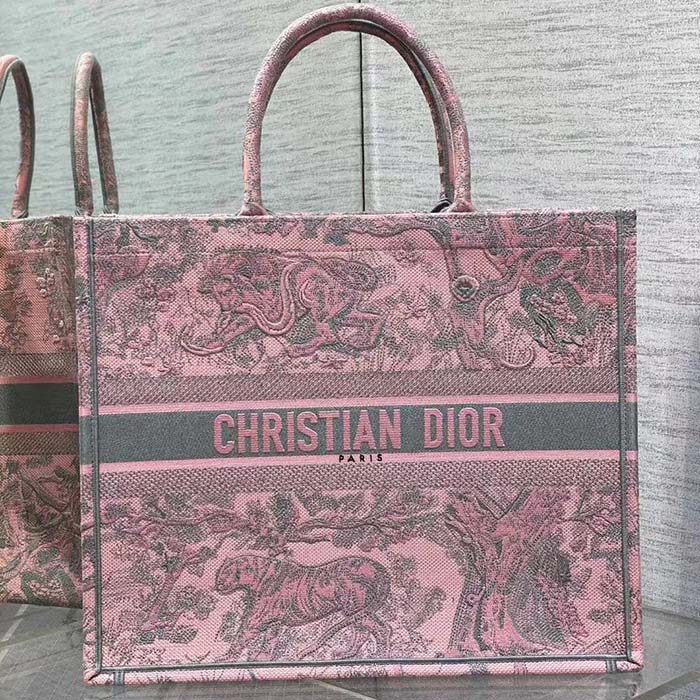 Dior - Large Dior Book Tote Pink and Gray Toile de Jouy Sauvage Embroidery (42 x 35 x 18.5 cm) - Women