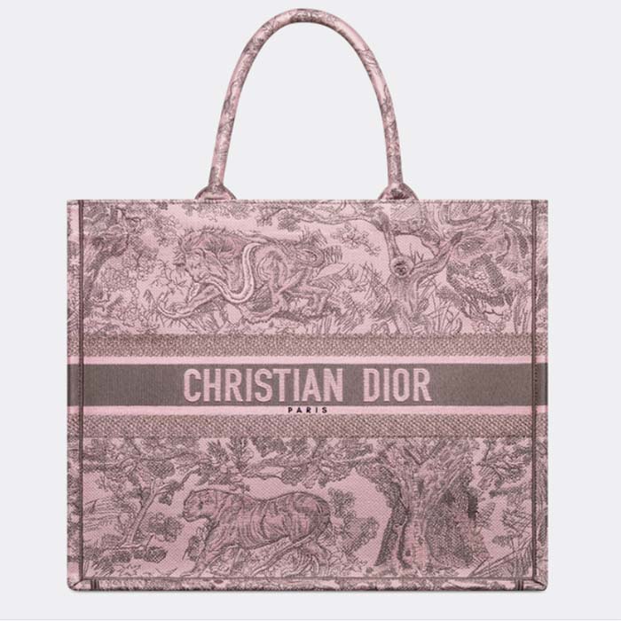 Dior Women CD Large Book Tote Pink Gray Toile De Jouy Sauvage Embroidery