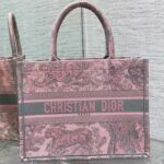 Dior Women CD Medium Book Tote Pink Gray Toile De Jouy Sauvage Embroidery – Image 2