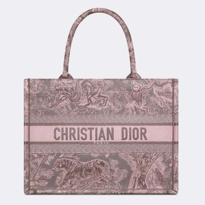 Dior Women CD Medium Book Tote Pink Gray Toile De Jouy Sauvage Embroidery