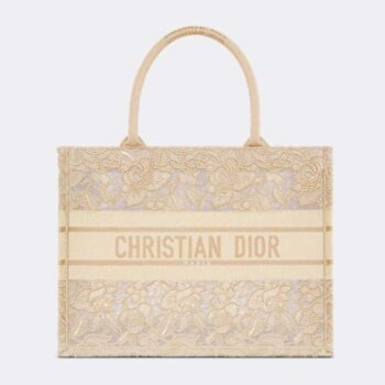 Dior Women CD Medium Dior Or Book Tote Gold-Tone D-Lace Embroidery Macramé Effect