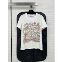 Dior Women CD T-Shirt White Cotton Linen Jersey Multicolor Étoile De Voyage Motif (5)
