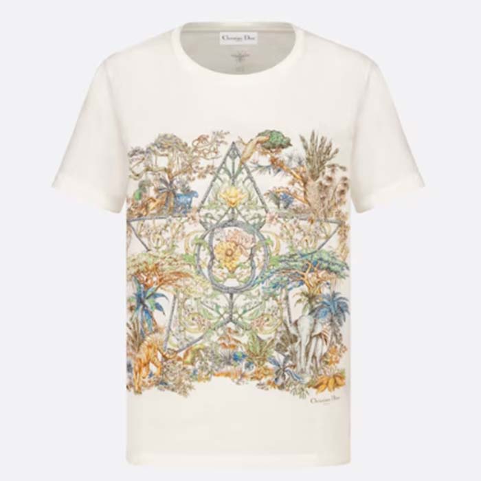 Dior Women CD T-Shirt White Cotton Linen Jersey Multicolor Étoile De Voyage Motif