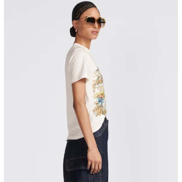 Dior Women CD T-Shirt White Cotton Linen Jersey Multicolor Étoile De Voyage Motif