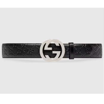 Gucci GG Unisex Signature Leather Belt Black Interlocking G Buckle 3.8 CM Width