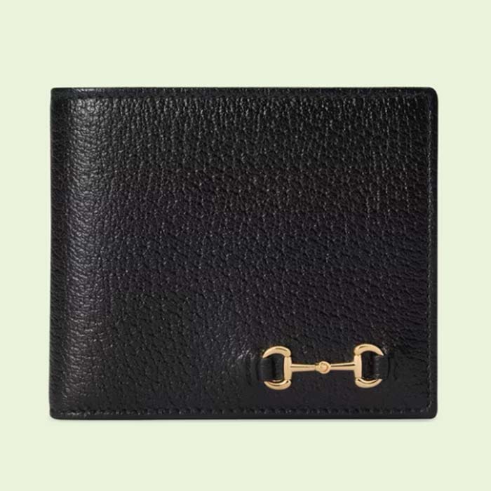 Gucci Unisex GG Bi-Fold Wallet Horsebit Black Leather Moiré Lining