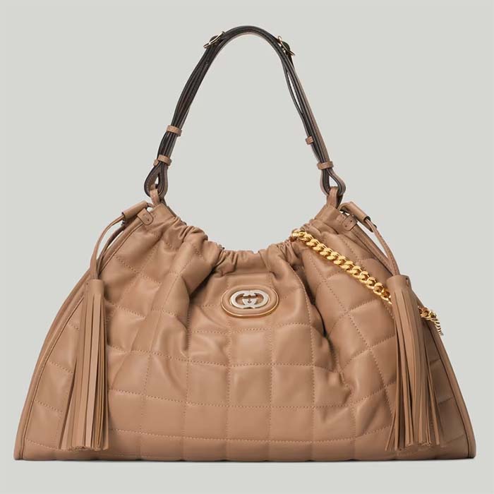 Gucci Unisex GG Deco Medium Tote Bag Rose Beige Quilted Leather Interlocking G