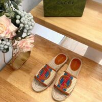 Gucci Unisex GG Interlocking G Espadrille Natural Raffia Leather Round Flat Sandal (1)