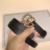 Gucci Unisex GG Leather Belt Pearl Double G Buckle Black 2 CM Width (5)