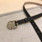 Gucci Unisex GG Leather Belt Pearl Double G Buckle Black 2 CM Width – Image 3