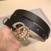 Gucci Unisex GG Leather Belt Pearl Double G Buckle Black 2 CM Width (5)