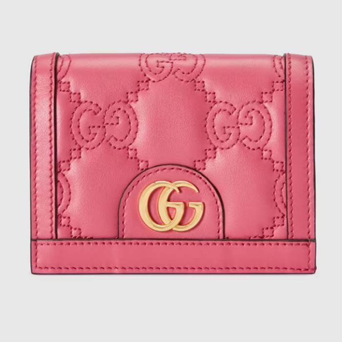 Gucci Unisex GG Marmont Card Case Wallet Pink GG Matelassé Leather Double G