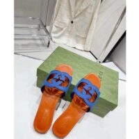 Gucci Unisex Interlocking G Cut-Out Slide Sandal Blue Orange Suede Flat (3)