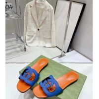 Gucci Unisex Interlocking G Cut-Out Slide Sandal Blue Orange Suede Flat (3)