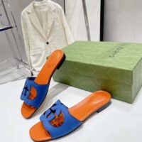 Gucci Unisex Interlocking G Cut-Out Slide Sandal Blue Orange Suede Flat (3)