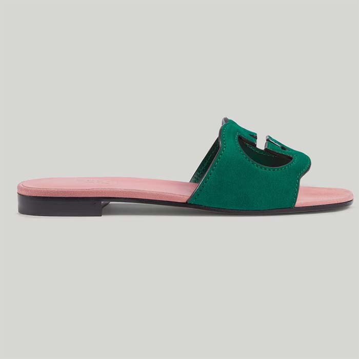 Gucci Unisex Interlocking G Cut-Out Slide Sandal Green Pink Suede Flat