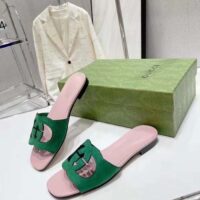 Gucci Unisex Interlocking G Cut-Out Slide Sandal Green Pink Suede Flat (10)