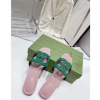 Gucci Unisex Interlocking G Cut-Out Slide Sandal Green Pink Suede Flat (10)