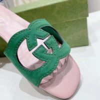 Gucci Unisex Interlocking G Cut-Out Slide Sandal Green Pink Suede Flat (10)