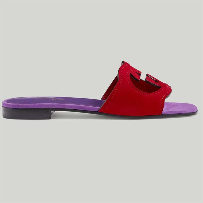 Gucci Unisex Interlocking G Cut-Out Slide Sandal Red Purple Suede Flat