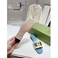 Gucci Unisex Interlocking G Cut-Out Slide Sandal Yellow Light Blue Suede Flat (4)