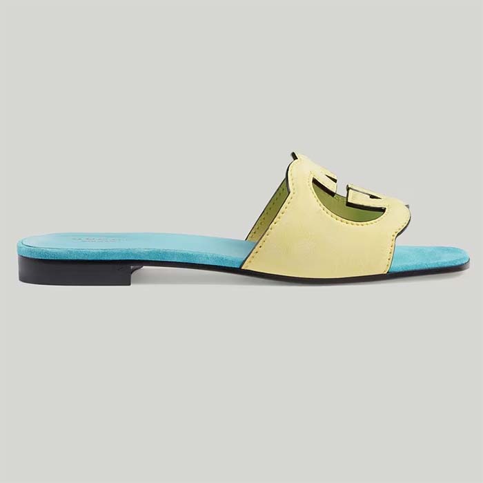 Gucci Unisex Interlocking G Cut-Out Slide Sandal Yellow Light Blue Suede Flat