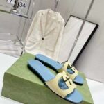 Gucci Unisex Interlocking G Cut-Out Slide Sandal Yellow Light Blue Suede Flat – Image 2