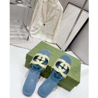 Gucci Unisex Interlocking G Cut-Out Slide Sandal Yellow Light Blue Suede Flat (4)