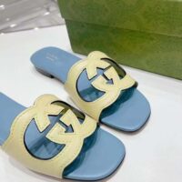 Gucci Unisex Interlocking G Cut-Out Slide Sandal Yellow Light Blue Suede Flat (4)