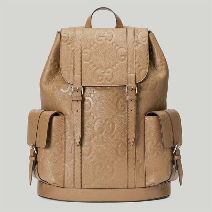 Gucci Unisex Jumbo GG Backpack Taupe Leather Cotton Linen