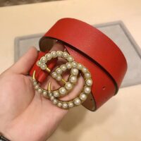 Gucci Unisex Leather Belt Pearl Double G Red 3.8 CM Width (4)