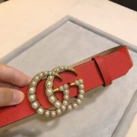 Gucci Unisex Leather Belt Pearl Double G Red 3.8 CM Width (4)