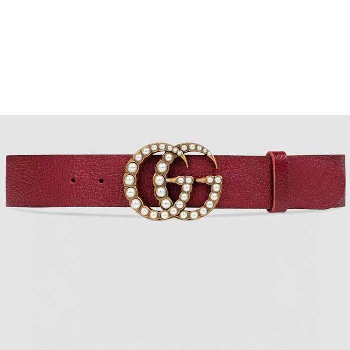 Gucci Unisex Leather Belt Pearl Double G Red 3.8 CM Width