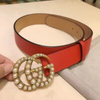 Gucci Unisex Leather Belt Pearl Double G Red 3.8 CM Width (4)