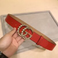 Gucci Unisex Leather Belt Pearl Double G Red 3.8 CM Width (4)